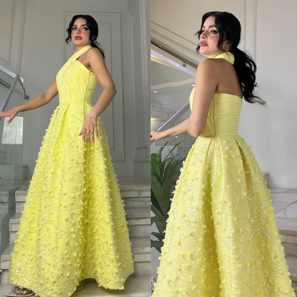 

Classic Jersey Sequined Flower Beading Ruched A-line Halter Midi Dresses Celebrity Dresses Exquisite Modern Style Pastrol Unisex