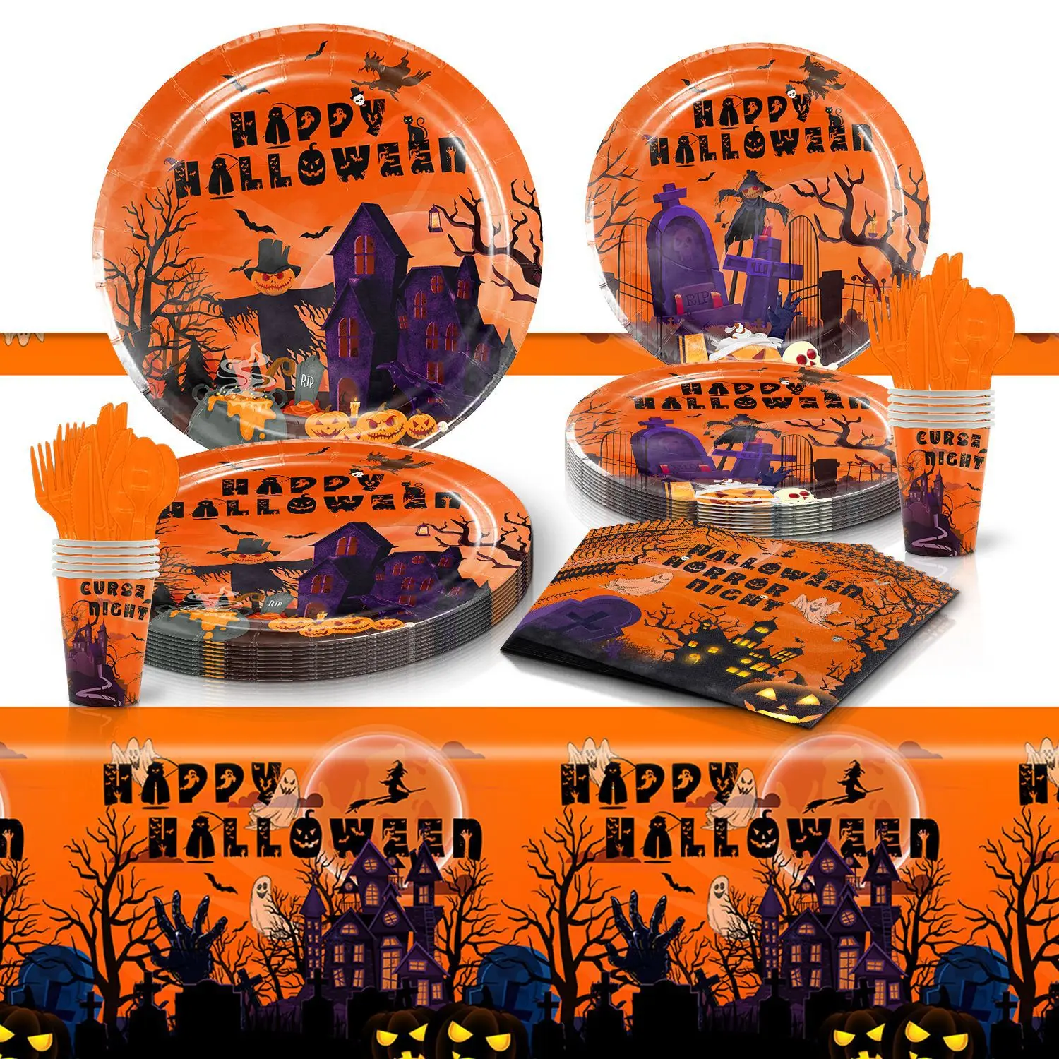 

Disney Cartoon Orange Halloween Terror Theme Birthday Party Decorative Disposable Tableware Background Baby Shower Kid Girl Gift