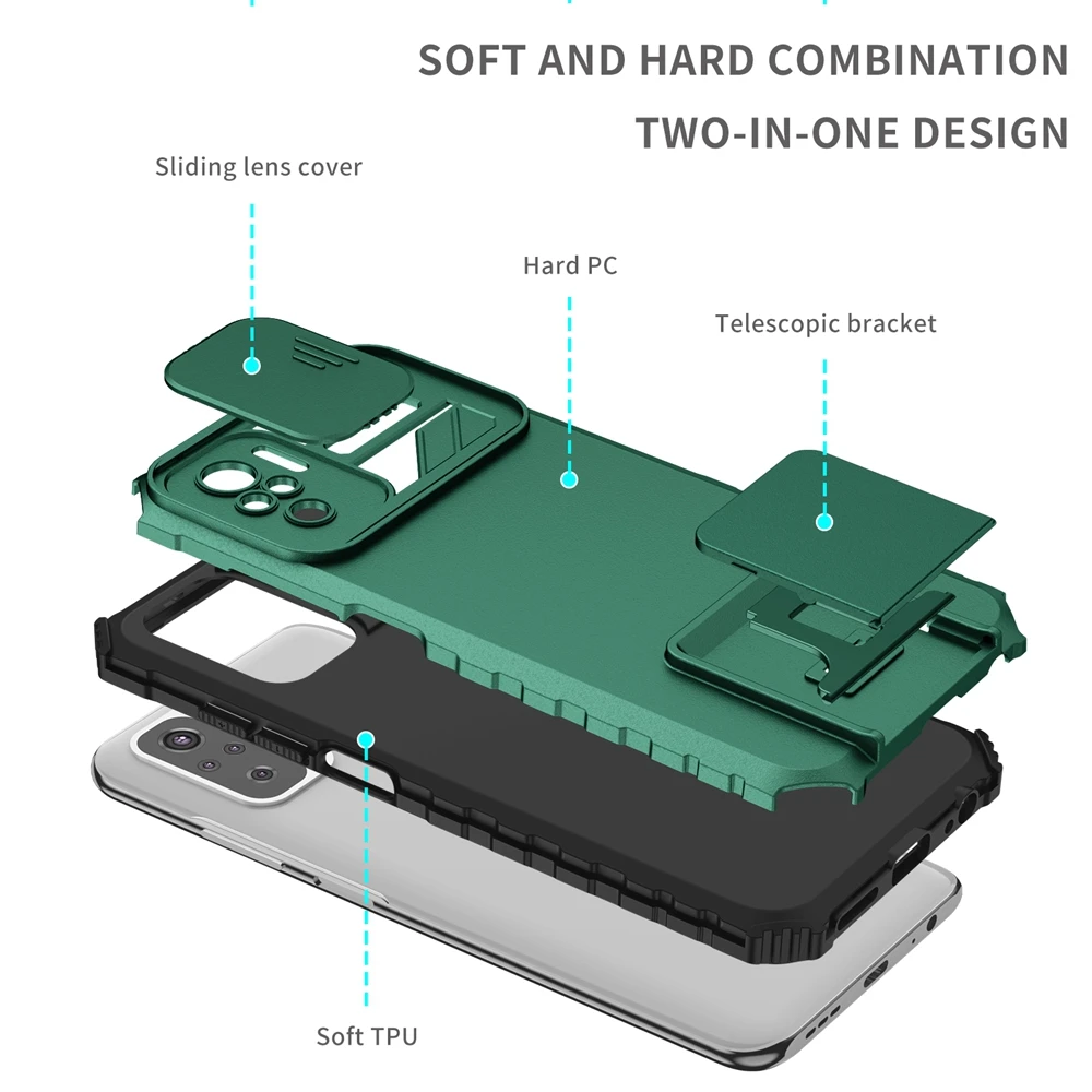 Slide Camera Armor Phone Case with Plastic Holder and Hard Cover Protection