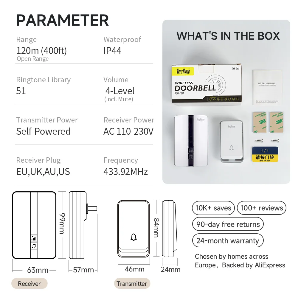 Enhanced Wireless Waterproof Self-Powered Doorbell with Smart Chimes and Receiver