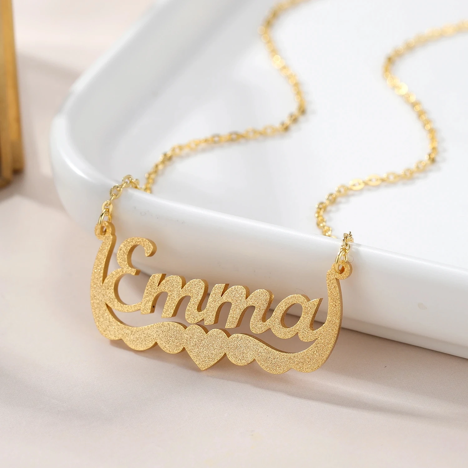 Custom Frosted Necklace With Heart Gilded Name Pendant Personalized Stainless Steel Nameplate Necklaces For Women Jewelry Gifts