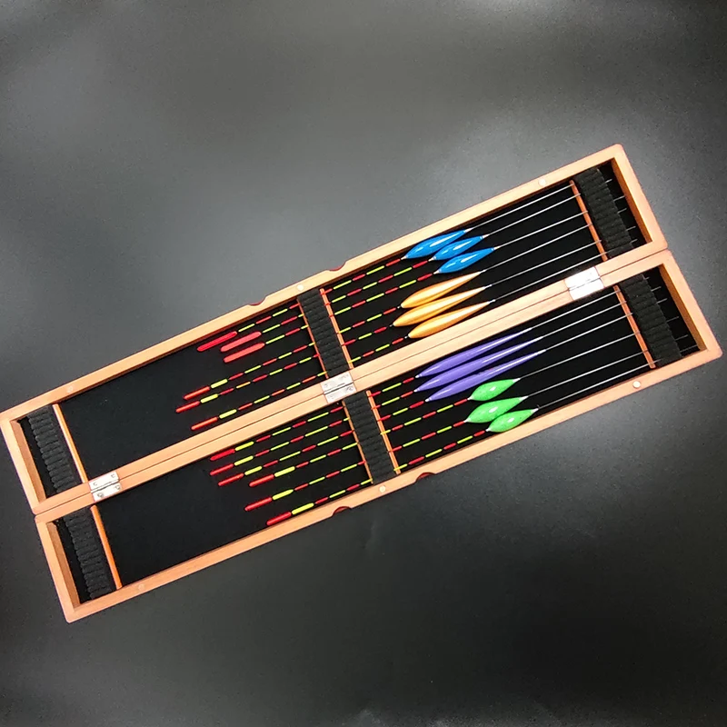 55*9*3cm Fishing Float Storage Box With 12pcs Floats Wooden Painted