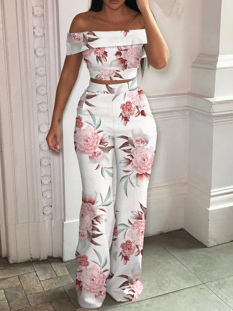 Summer Printed New Two Piece Sets Casual Off Shoulder Sleeveless Blouse Shirt+ Long Wide Legs Pants Spring Women Sexy Street Set designer suits for women