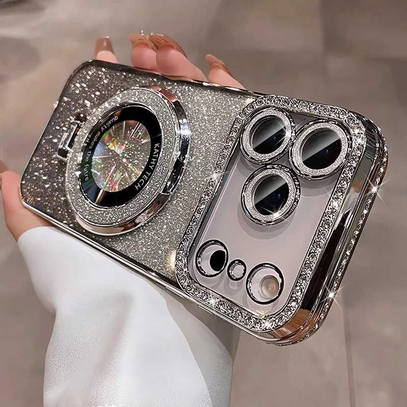Luxury Plating Diamond Glitter Holder Stand Phone Case For iPhone17 16 15 14 13 12 Pro Max For Magsafe Lens Protector Back Cover S5b5470f89b1b4043ad411d1515b1dab3e