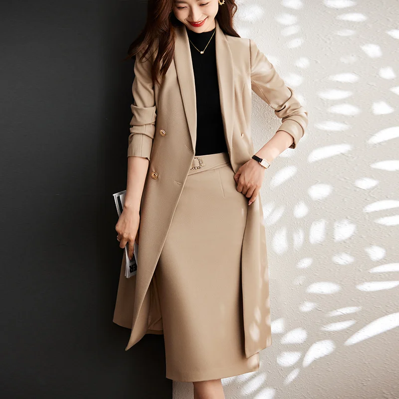 

2022Autumn Winter Korean Women Trench Blazer Coat Elegant Double Breasted Lengthened Jacket Lapel Windbreaker（Excluding Skirt）