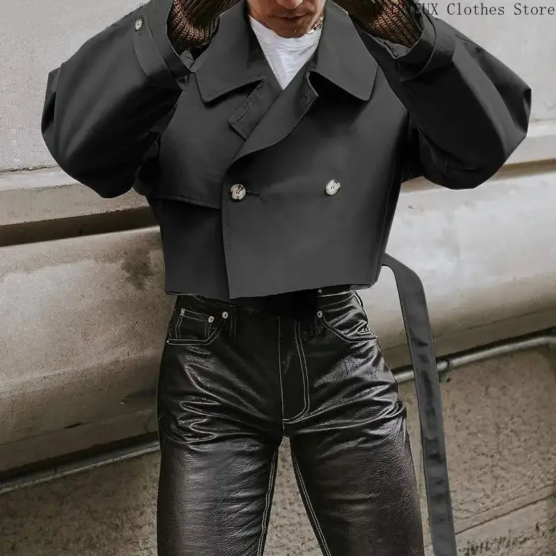 Super Cool Street Motorcycle Men's Coat New Fall Fashion Loose Men's Short Trench Coat Lapel Lace-up Cargo Male Short Jacket