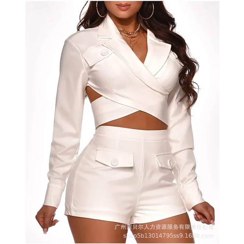 Fashion Y2K V Neck Crop Top + Elastic High Waist Shorts Two Piece Set Women Elegant Shorts Set Tracksuit Outfits Lady