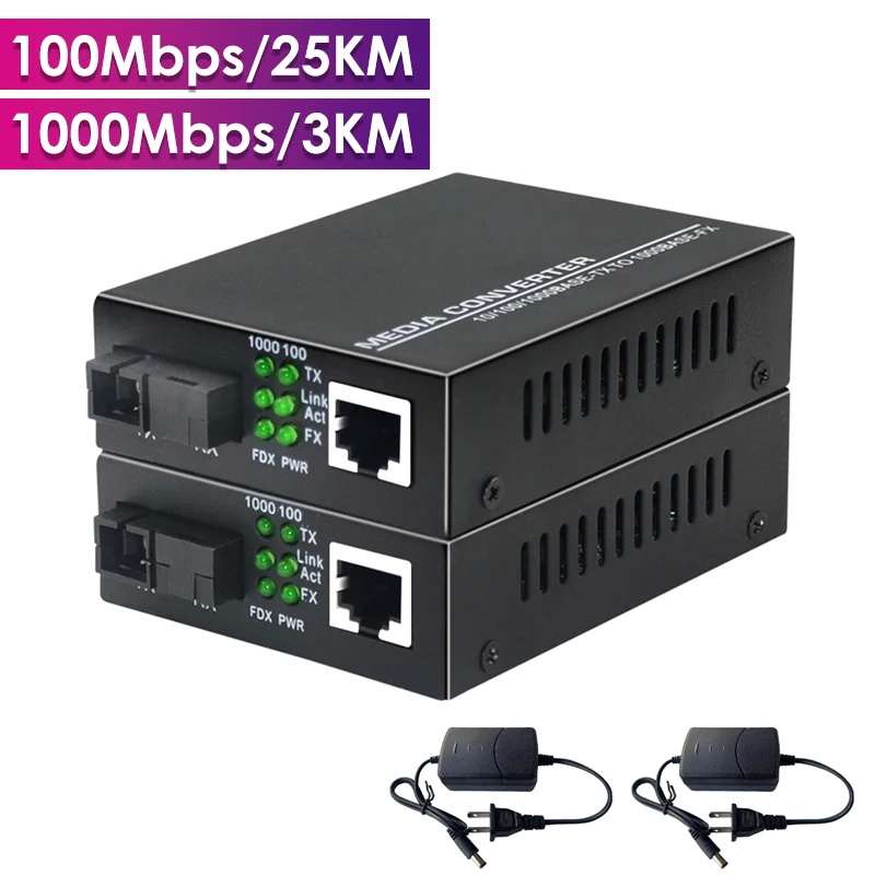 Gigabit Fiber Optical Media Converter 1000/100Mbps Ethernet RJ45 Single Mode Single Fiber TX RX SC Port External Power Supply