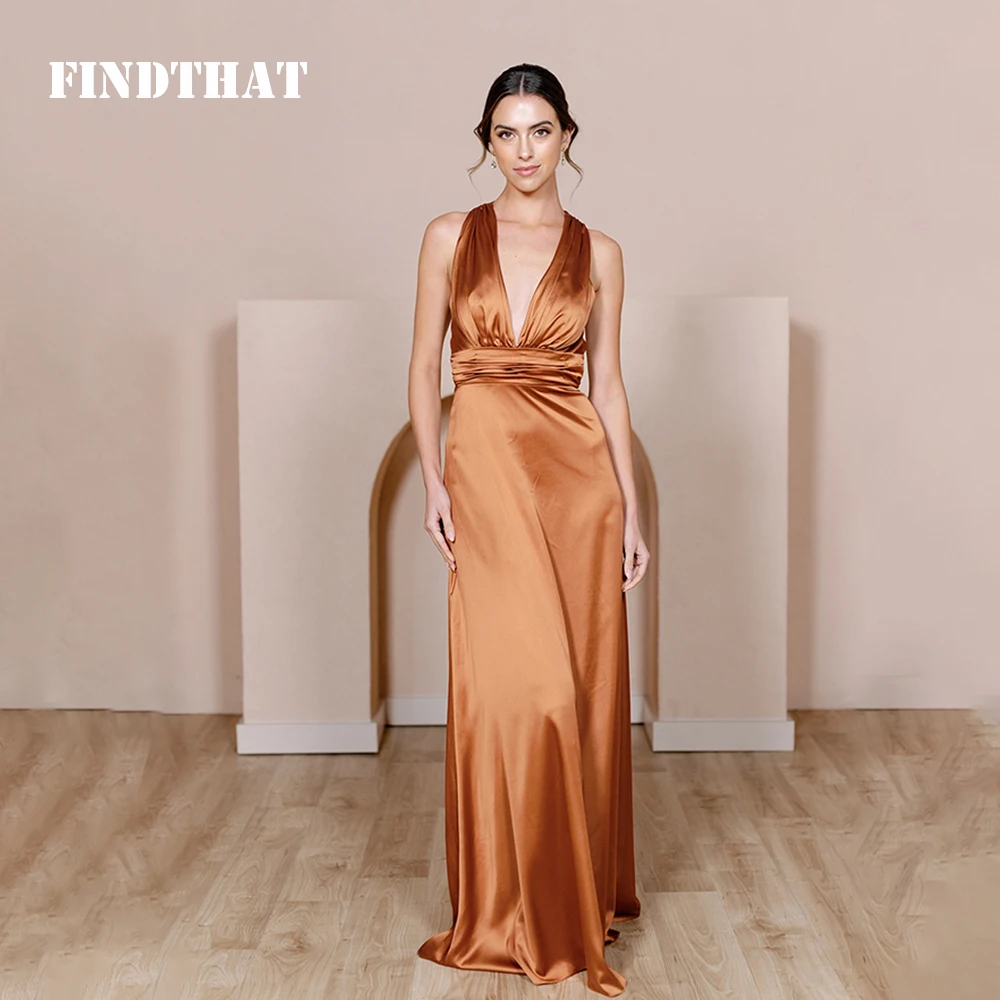 Findthat Elegant Deep V-Neck Satin Bridesmaid Dress 2024 Halter Pleated Evening Prom Gowns Sexy Sleeveless A-Line Floor Length