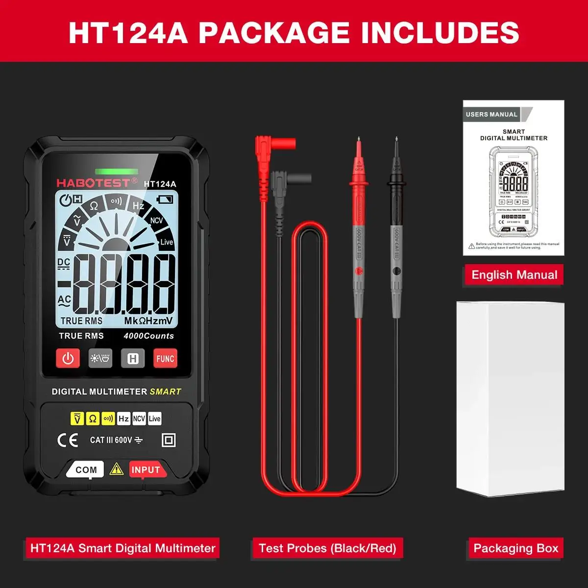 HABOTEST HT124 Series Digital Smart Multimeter 4000 Counts Auto Range Tester Ohm Hz Capacitance True RMS AC DC DMM Multitester