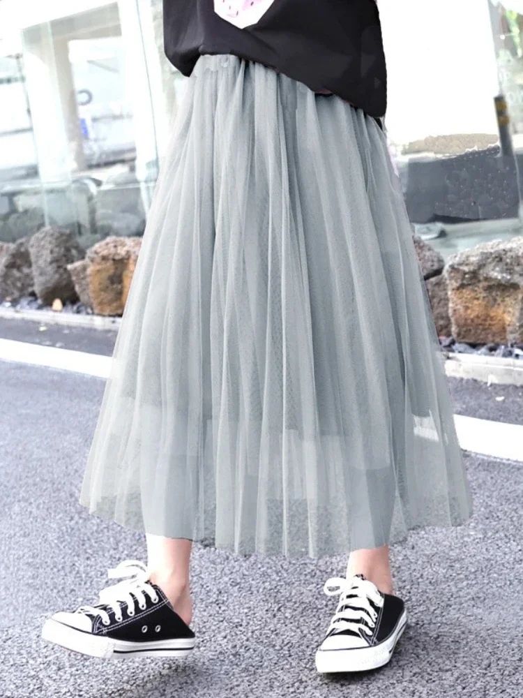 Girls Pleated Skirt Four Seasons Fashion A-line Long Mesh Skirt for