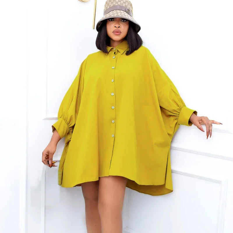 

Spring new loose waist temperament lapel solid color shirt dress European and American dress