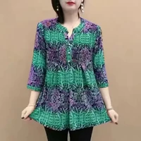 Summer 2024 Women's New Pullover O-Neck Spliced Button Printed Fashion Loose Minimalist All-match Casual 3/4 Sleeve Chiffon Tops 5