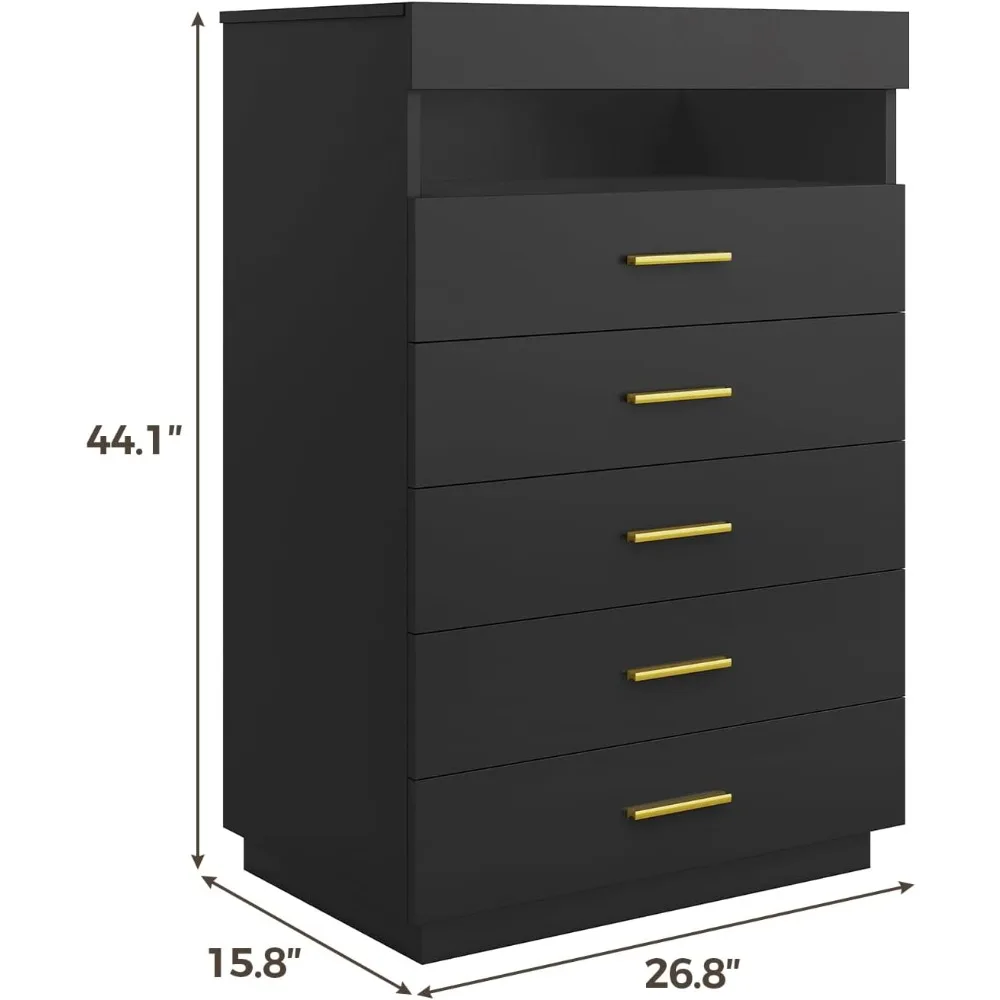 Black Dresser with LED Lights, Floating Tall Dresser with 5 Large Drawers & Open Storage Space & Pull Out Tray, 5 Drawer Dresser 2