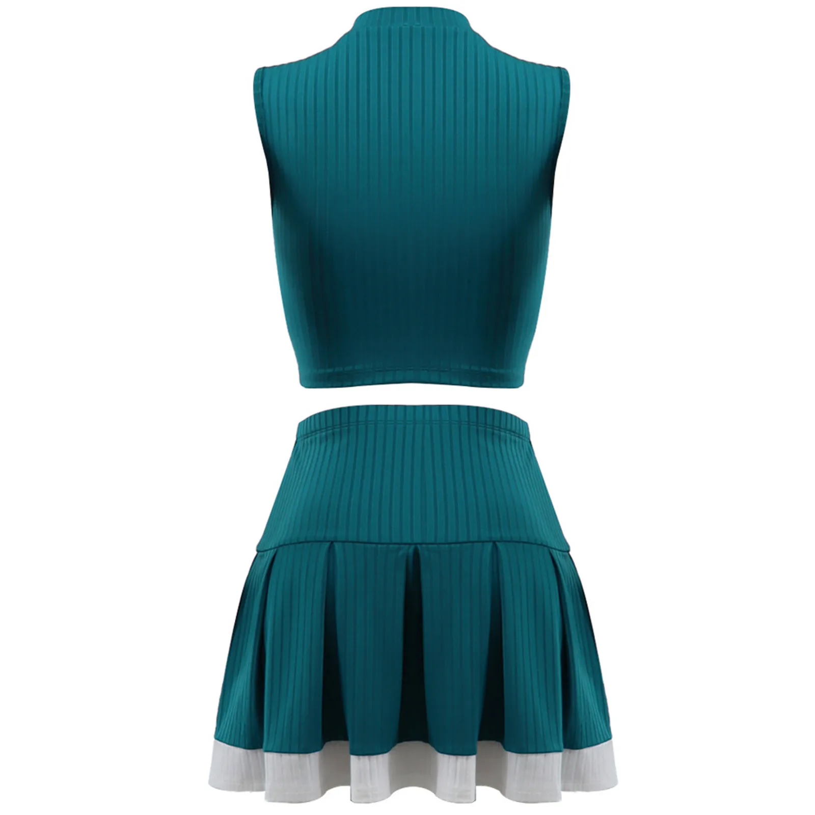 Womens Yoga Skirt Set Casual Ribbed Outfit Sleeveless Crop Top High Waist Contrast Color Ruffled Skirt for Golf Tennis Badminton
