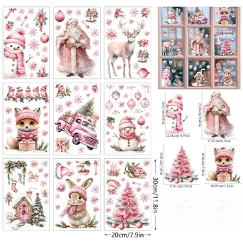30 × 20cm 9pcs Pink Santa Snowflake Deer Stickers Glass Window Stickers Christmas Home Decoration Stickers Festival Wallpaper