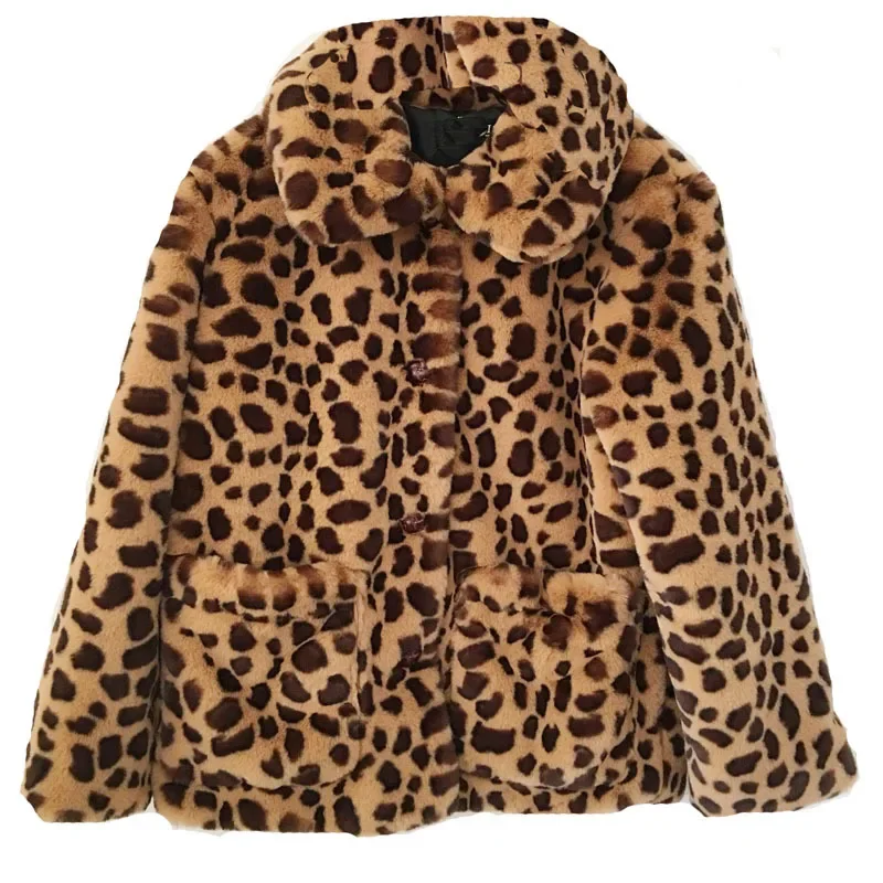 Faux Fur Jacket Leopard Patterned Women's Clothing Winter Short Mink Velvet Rex Rabbit Plush Outerwear Thick Warm Fur Coat 1Pc