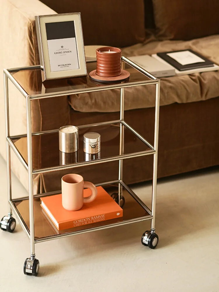 

Nordic stainless steel second-hand trolley, living room sofa, moving side table, creative light luxury, ins glass art