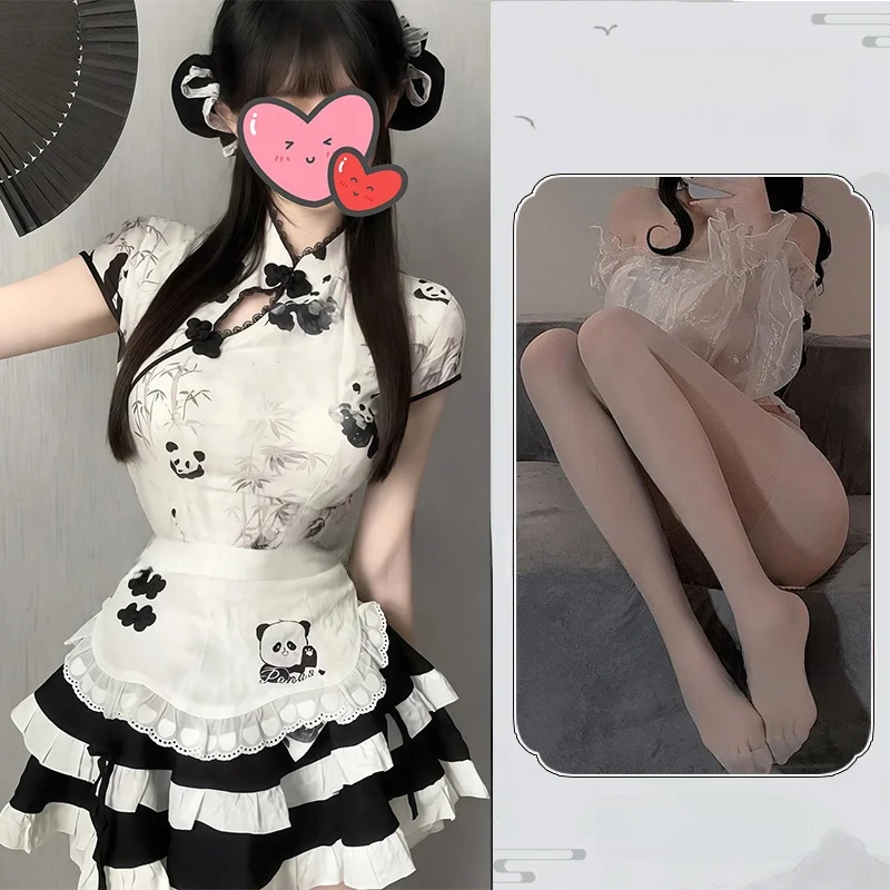 White [top + skirt + apron] + white open crotch stockings