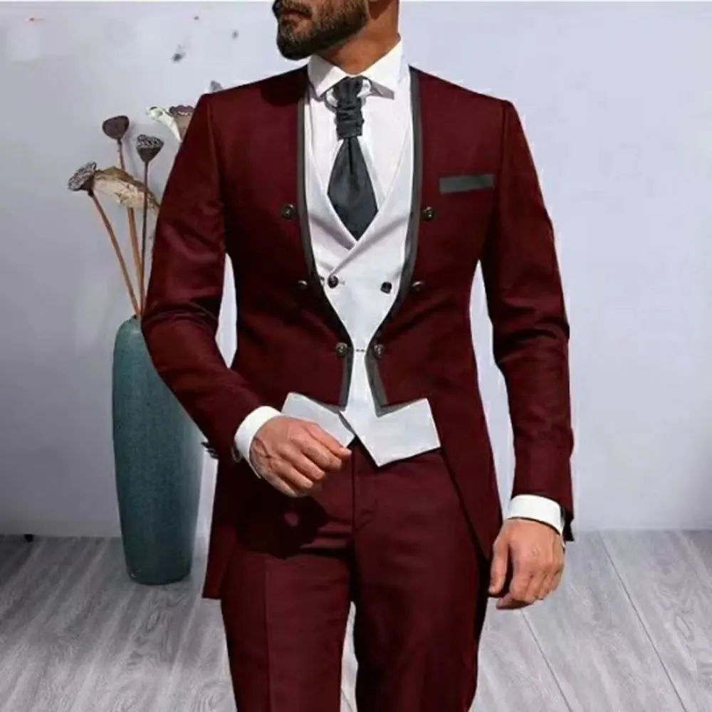 021 Burgundy Wedding Party Costume Popular Clothing Casual Host Africa Men's Suit Regular Fit Tuxedo 2 Peices Sets Jacket+Pants