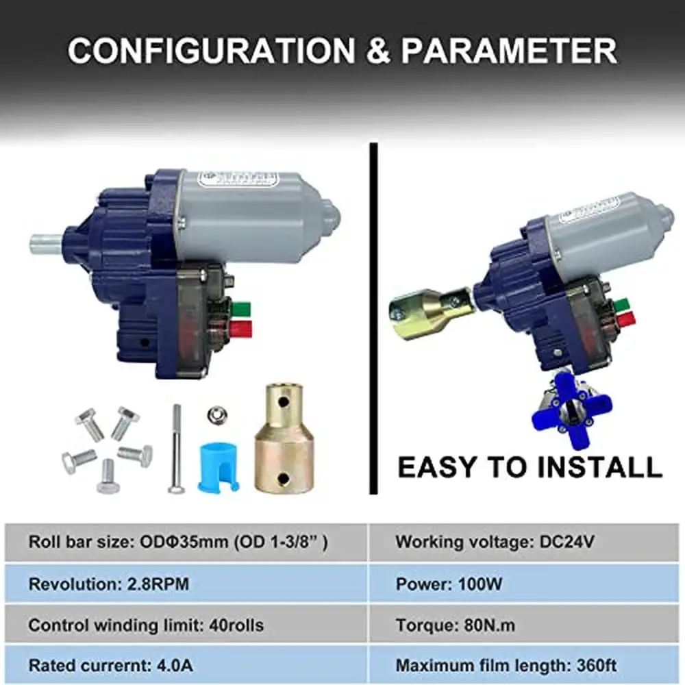 Greenhouse Film Roll Up Motors 2 Set Side Motor System with Intelligent Thermostat DC24V Safe Motor Water Resistant Install on 5