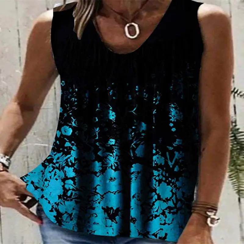 

Plus Size Women Sleeveless V-neck Floral Printed Graphic Colorblock Top