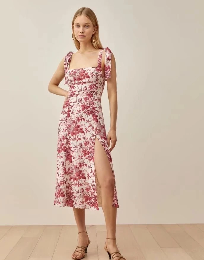 

Latter Rain French Hotsweet Vintage Rose Print Lace Strap Countryside Dress 2023 Summer Women New Slim Fit Holiday MID Dresses