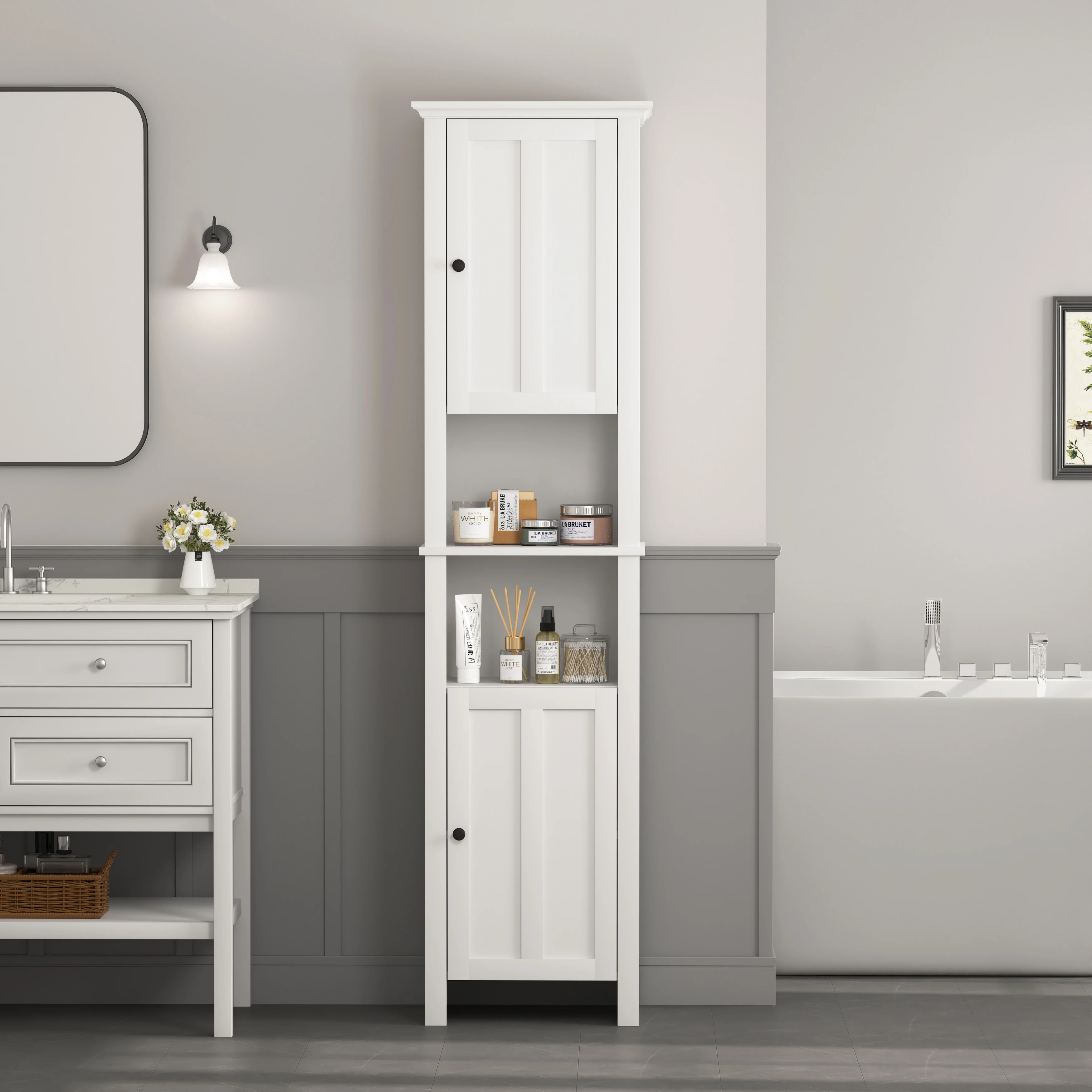 Modern Style 6- Shelf Wooden Bathroom Floor Storage Cabinet 2-Door Living Room Furniture 15.75 X 11.81 X 66.93 Inch For Bedrooms