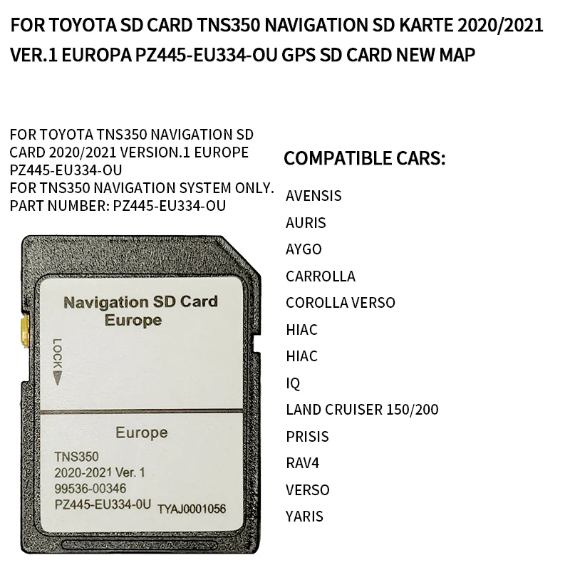 도요타 SD 카드 TNS350 내비게이션 SD 카르테 2020/2021 Ver.1 유로파 PZ445-EU334-OU GPS SD 카드, 새로운 지도