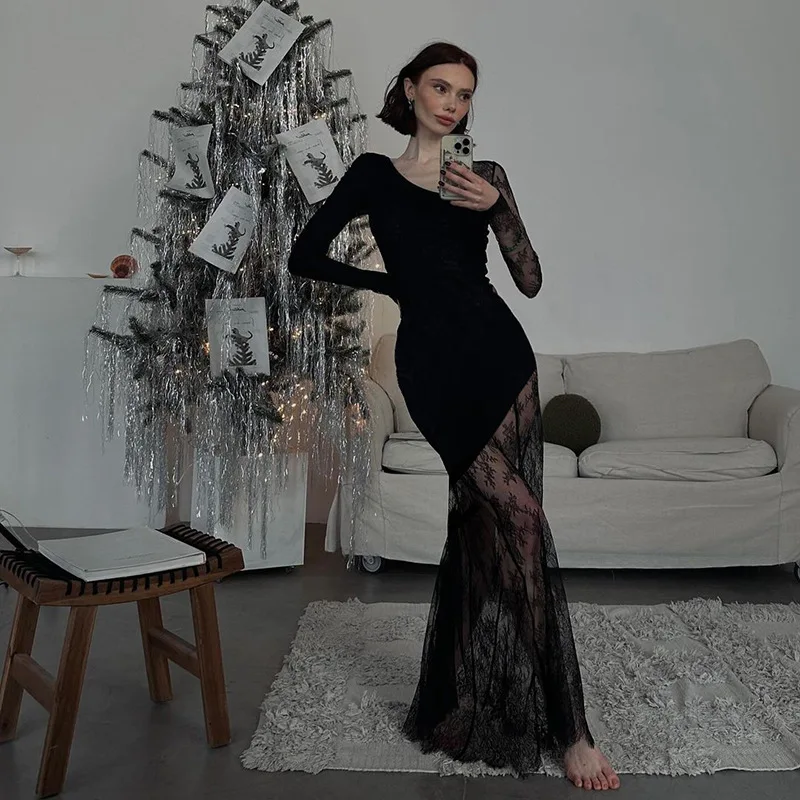 Printed See-Through Black Maxi Dress Women High Waist Lace Slim Mesh Patchwork Sexy Long Dress Party Looks Female Dress