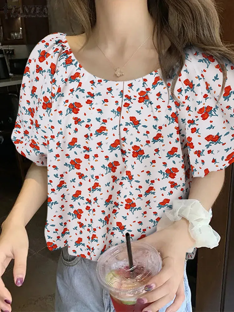 

Блузка ZANZEA женская с цветочным принтом, топ с коротким рукавом-фонариком, милая туника, Повседневная Свободная плиссированная рубашка с круглым вырезом, лето 2024