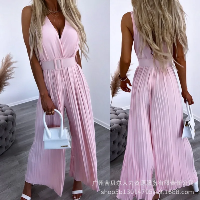 

Y2K V-neck Cinched Pleated Jumpsuit-Belted 2023 Yellow Jumpsuits Women Sleeveless Rompers High Waist Wide Leg Pants Jumpsuit