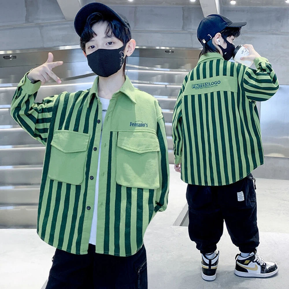 

Boys High Quality Shirt With Vertical Stripe Stitching Fashion Pocket Design Clothes Spring Autumn Cotton Teenage Tops Kids 6-14