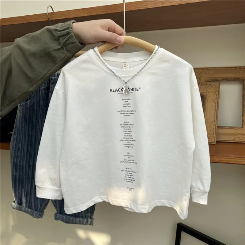 

Детская футболка, весна-осень 2023, дизайнерская Свободная рубашка с длинным рукавом для мальчиков и девочек, с буквенным принтом, топ для детей