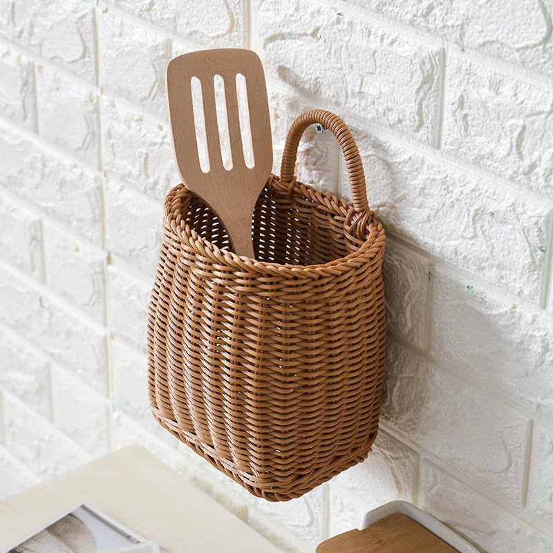 Wall Mounted Storage Basket Fruit Sundries Basket Simulated Rattan Decorative Hanging Basket Flower Pot with Handle Home Decor 4