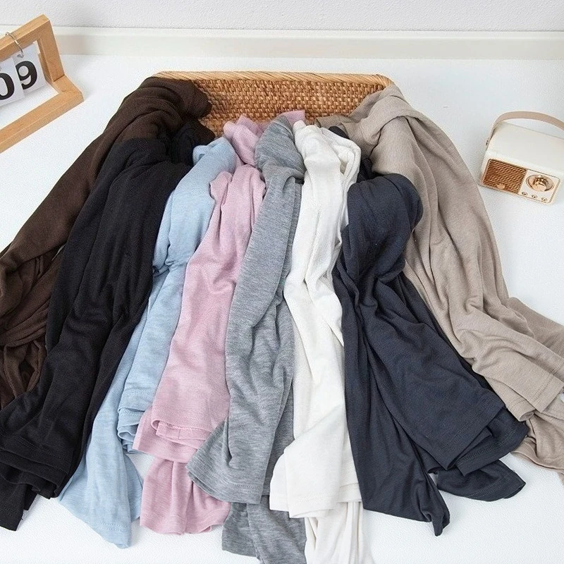 Silk Wool Splice Long Sleeve T-shirt Women Spring Summer Thin Soft Waxy Fit Solid Color Backing Top