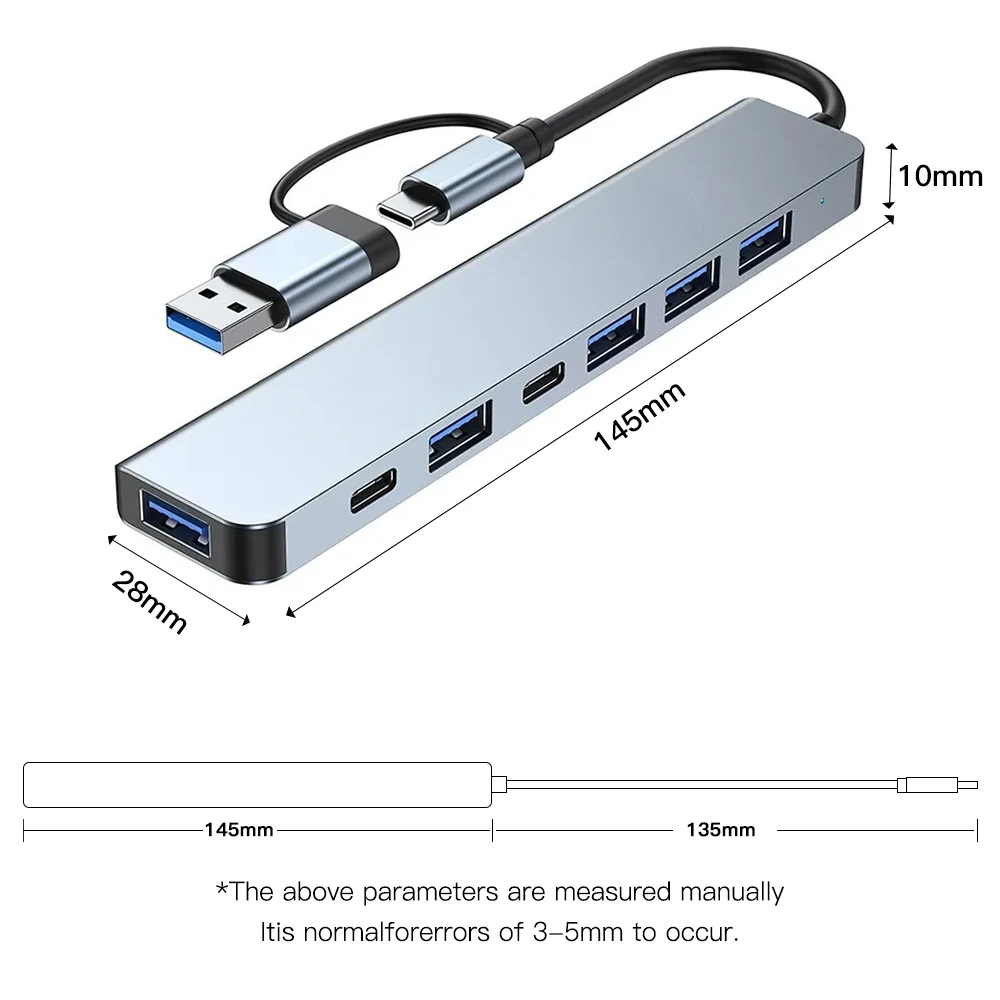7 Ports 2-in-1 USB 3.0 HUB Type-c Adapter Splitter Dock Multiport USB 2.0 High Speed Transmission Expander For PC Computer