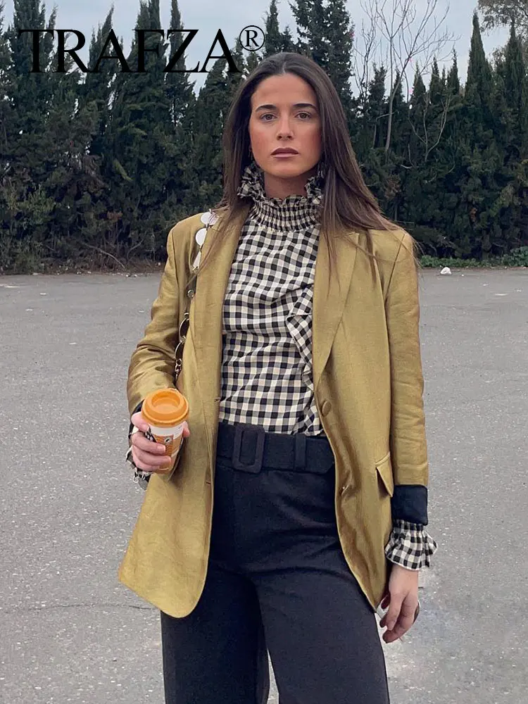 

TRAFZA 2023 Autumn Casual V Neck Party Fashion Long Sleeve Button Up Women's Pocket Blazer Tops Gold Straight Cut Women's Blazer