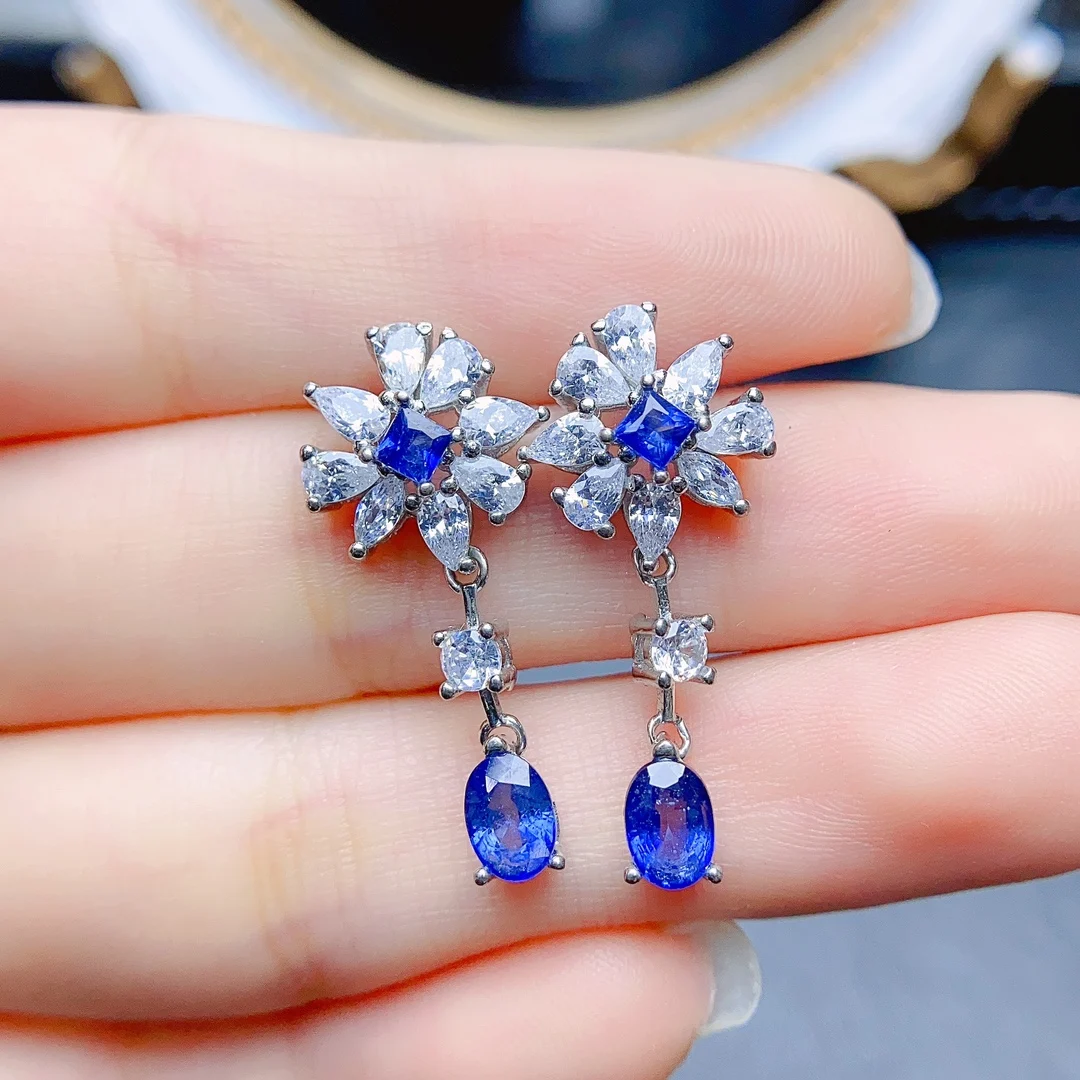 

FS 4*6mm Natural Sapphire S925 Sterling Silver Flower Earrings for Women With Certificate Fine Charm Wedding Jewelry MeiBaPJ