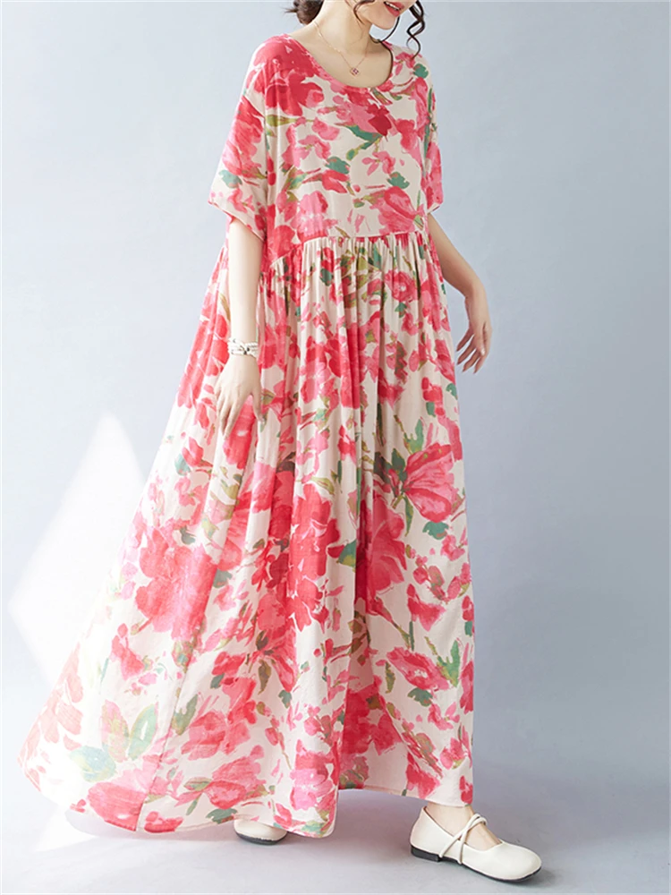 2025 New Summer Cotton Vintage Casual Loose Print Dresses For Women Holiday Boho Dress Femme Robe Vestidos Elegant Long Clothing