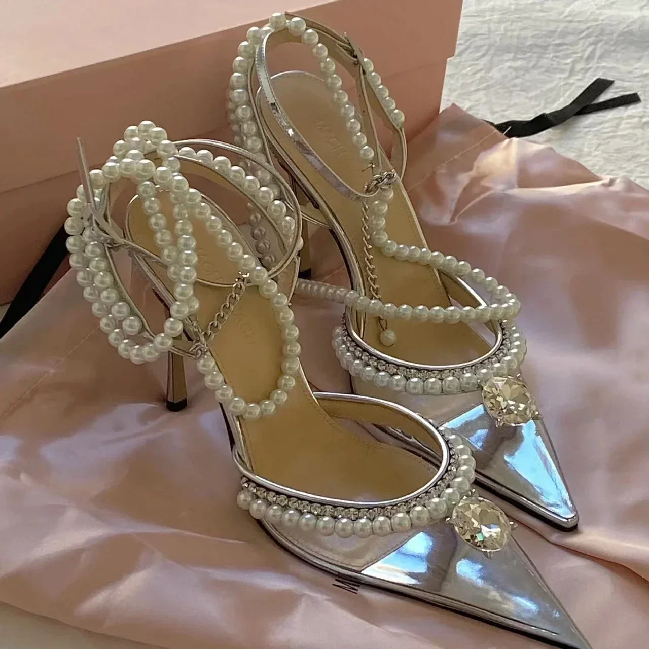 

MACH Sophie pumps Faux pearl Crystals Bow Pointed toe Buckle-fastening ankle strap stiletto heels rhinestone transparent sandals