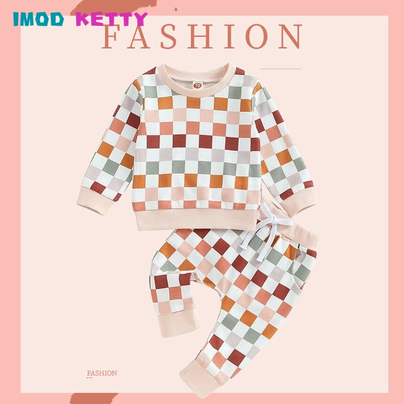 

Newborn Baby Girl Boy 2Pcs Sets Autumn Clothes Outfits Long Sleeve Checkerboard Sweatshirt Tops and Pants Sets Baby Items
