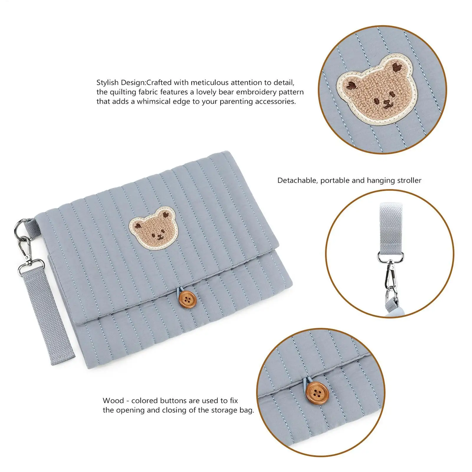 귀여운 곰 자수 디자인의 접이식 기저귀 가방, 유모차 스트랩과 여러 개의 포켓이 있는 엄마, 아빠, 남자아이, 여자아이를 위한 기저귀 가방