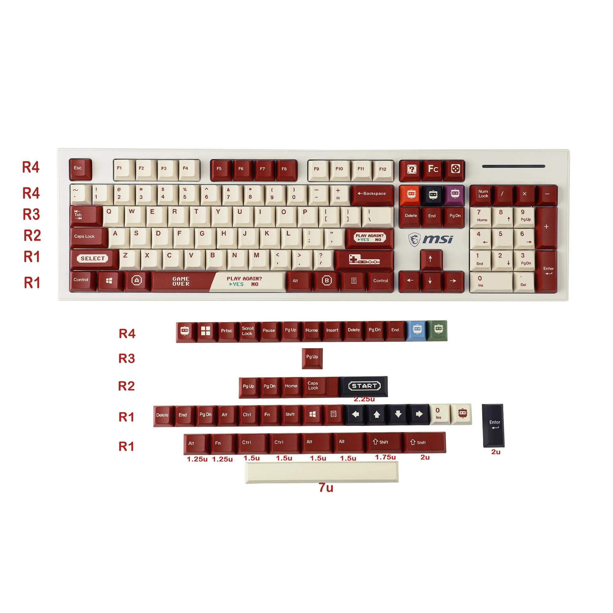Gameboy-Keycaps retro japoneses, vermelho, bege, Dye Sub,