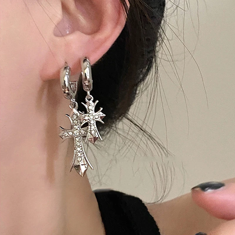 Grunge Rock Punk Shiny Crystal Cross Stud Earrings Cool