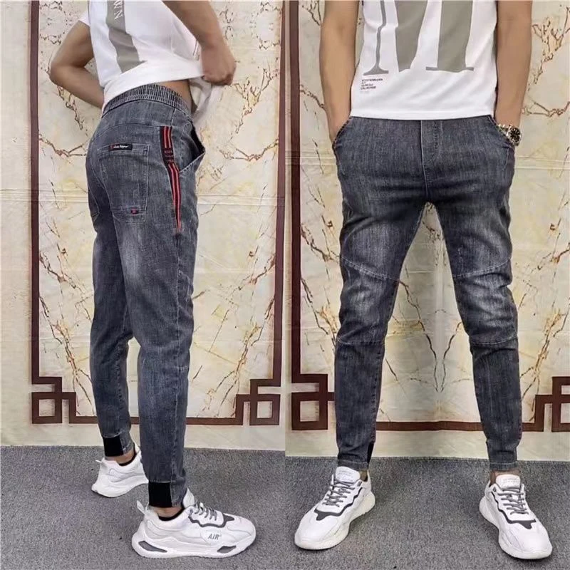 

Denim Pants Men 2023 Spring and Summer New Bunched Feet Haren Pants Gray Elastic Everything Trend Small Feet Casual Pants