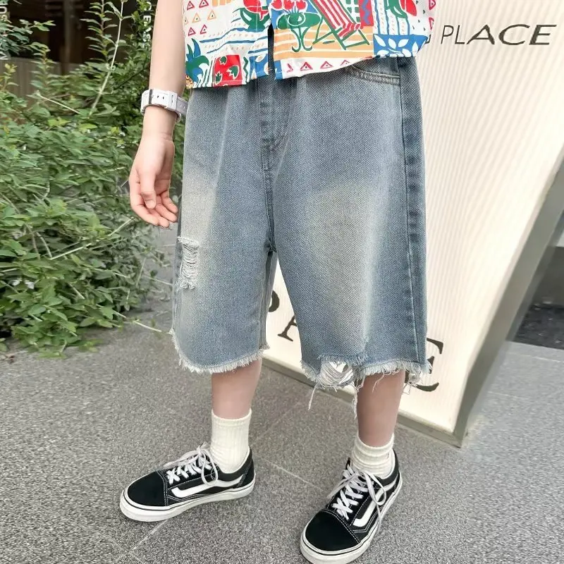 

Denim Shorts For Men With Summer Torn Holes And Furry Hem Pants Design, Niche High Street Trendy Brand Ins Five Point Pants