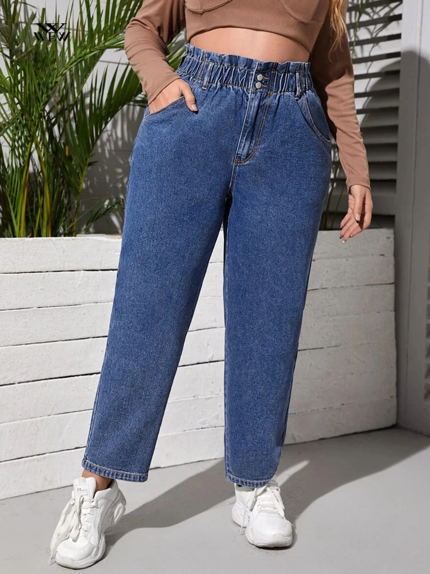 Pantalones vaqueros de talla grande para mujer, banda de cintura elástica, vaqueros de cintura alta, vaqueros de curva holgados para mujer, Vaqueros Mom de de largo completo para otoño| | - AliExpress