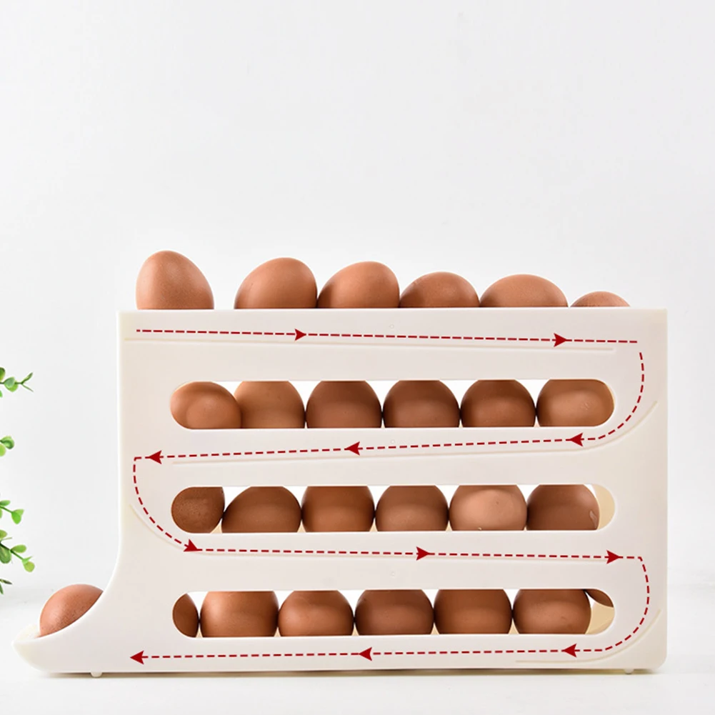Slide Egg Storage Box Refrigerator Side Door Storage Box Automatic Scrolling Egg Holder Tray 4 Layer Rolling Egg Dispenser Rack
