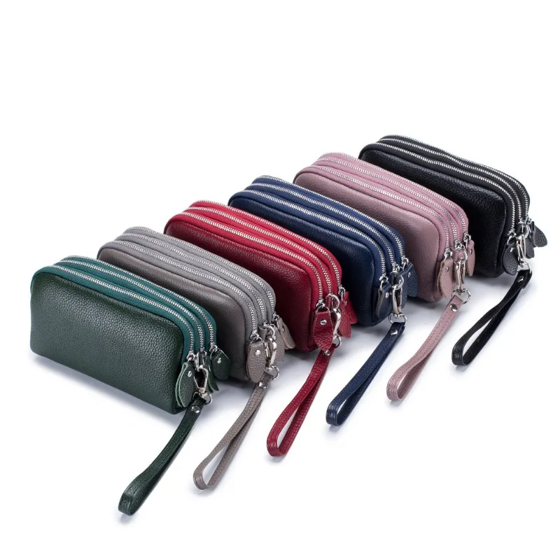 Genuine Leather Long Purse Ladies Can Hand Hold Bag Large Capacity Simple Three Zipper Middle Wrist Grab Bag Wholesale